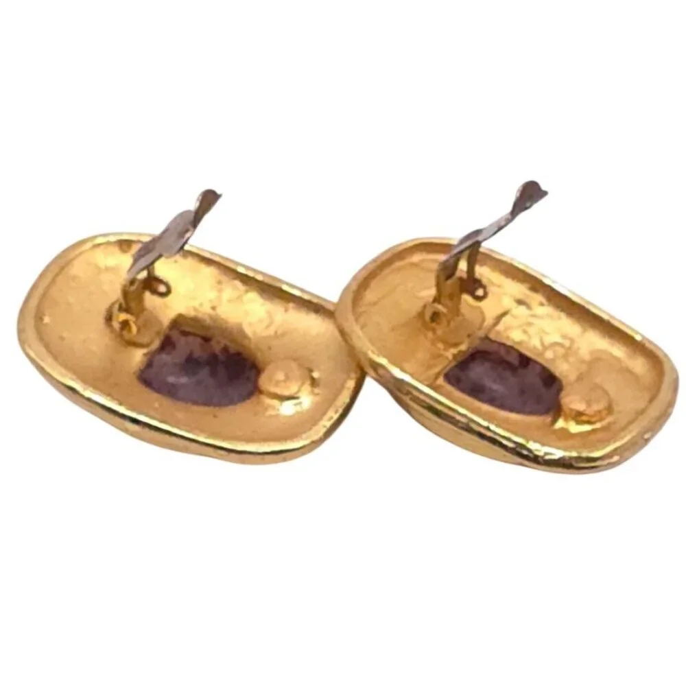 Vintage Gold-Tone Clip-On Earrings With Red Stone Cabochons Oval Shape - Picture 3 of 4
